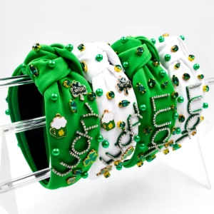 Cross border New St Patrick’s Day Handmade Headband Fabric Fashion with Clover Chain Accessories Knot Hair Accessories Women