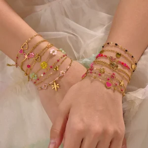 Cross border Stainless Steel Women’s Bracelet Oil Drops Rice Beads Handmade Beaded Flowers Holiday Style Design Gift Jewelry