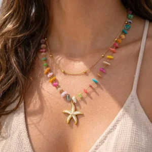 Cross-border Summer Dopamine-inspired Stainless Steel Star Necklace with Creative Beaded Design