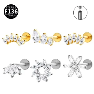 Crown Garland Zircon Set ASTM F136 Titanium Internally Threaded Lip Ear Cartilage Piercing Studs 0.9mm Internal Thread