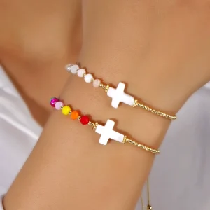 Crystal Beaded Bracelet Women Fashion Jewelry Shell Charm Cross Boho Handmade String Gold Plated Bead Bracelet