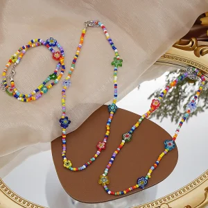 Crystal Beaded Flower Choker Necklace Versatile Strand Jewelry Fashionable Trendy Summer Pendant Chain Elegant Bracelet