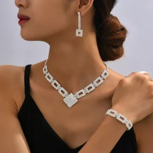 Crystal Bridal Wedding Jewelry Set Silver Rhinestone Necklace Earrings Bracelet Formal Costume Jewelry Women Brides Party