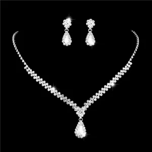 Crystal Bride Jewelry Set Rhinestone Silver Plated Wedding Dress Necklace Earring Set Water Drop Clavicular Chain