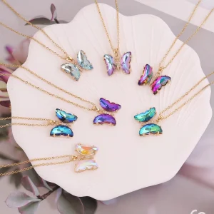 Crystal Butterfly Zircon Pendant Necklace Stainless Steel for Women