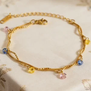 Crystal Charm Bracelet Women Stainless Steel Twisted Link Chain Bracelet 18K Gold Plated Jewelry