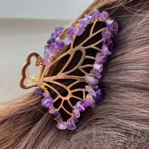 Crystal Chips Alloy Healing Crystal Women Butterfly Hair Clip Natural Crystal Hairpin