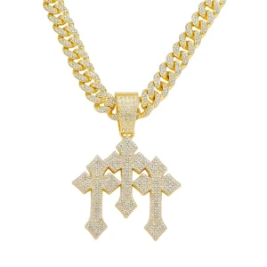 Crystal Cross Pendant Iced Out Crown Design Hip Hop Style Cuban Chain Jewelry