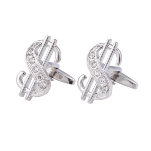 Crystal Diamond Dollar Sign Cufflinks Custom Men’s Suit Shirt Fashion Accessory Wedding Tuxedo Trendy Novelty Cufflink