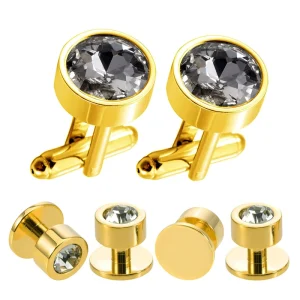 Crystal Diamond Gold Plated Cufflinks Stud Set Custom Mens Suit Shirt Fashion Accessory Wedding Tuxedo Trendy Jewelry