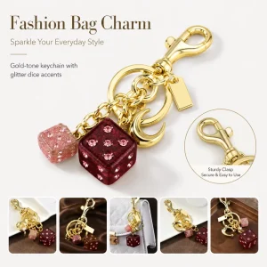 Crystal Epoxy Dice Letter Keychain Bag Charm Pink Hexagon Lucky Cube Alphabet Pendant Purse Handbag Gift for Women Students