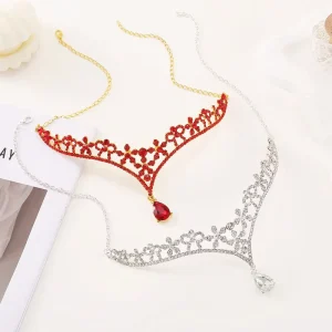 Crystal Fashion Hair Chain & Tassel for Bride Wedding Headdress With Red White Flower Decoration