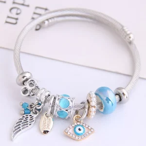 Crystal Fashion Jewelry Bracelet with Charms Multi Element Glass Angel Wings Evil Eyes Pendant Adjustable Bracelet