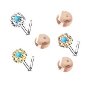 Crystal Flower Nose Stud Rings L Shaped Nose Piercing Stainless Steel Piercing Fashion Body Jewelry for Women Men