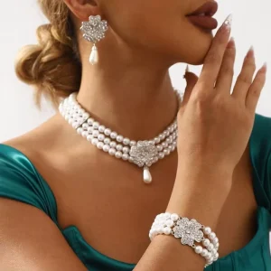 Crystal Flower Pearl Jewelry Set for Women Necklace Bracelet Earring Set Wedding Jewelry Gift