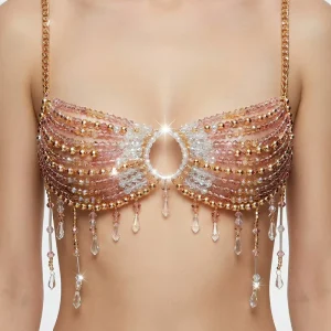 Crystal Imitation Pearl Halter Backless Chest Body Chain Colorful Beaded Women Adults