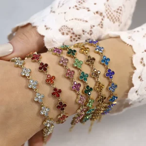 Crystal Inlaid Four-Leaf Clover Bracelet Exquisite Luxurious 18K Gold Plated Stainless Steel Women’s Fashion Jewelry High-End