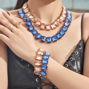 Crystal Jewelry Set 18K Gold Plated Stainless Steel Large Rectangle Faceted Stone Necklace Bracelet Earrings Set