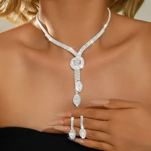Crystal Jewelry Sets for Women Gifts Alloy Full Rhinestone Geometric Tassel Necklace Earrings Sets for Bridal Wedding