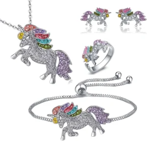 Crystal Necklace Earrings Bracelet Ring Set Unicorn Colorful Jewelry Cute Zinc Alloy Party Kids Baby Jewelry Set