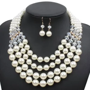 Crystal Pearls Necklace Earrings Wedding Jewelry Set