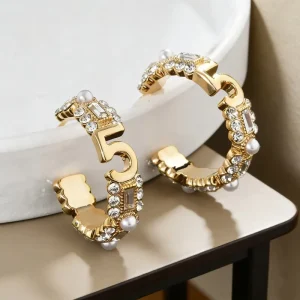 Crystal Rhinestone Gold Plated Copper Alloy Hoop Earrings with Letter Shape