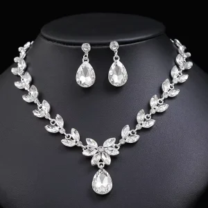 Crystal Rhinestones Jewelry Set Drop Leaf Necklace Earrings Set Wedding Jewelry Set