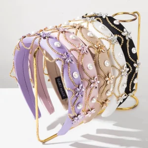 Crystal Solid Color Rhinestone Flower Pearl Chain Wide Edge Headband Retro Baroque Style Women’s Banquet Hair Accessory