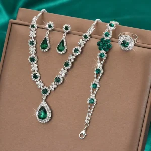 Crystal Water Droplets Necklace Earring Bracelet Ring Jewelry Set for Women