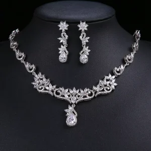 Crystal Wedding Bridal Jewelry Set, Elegant Leaf Flower Zircon Earring Necklace Set for Women Girls