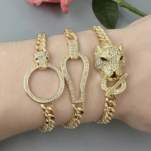 Cuban Chain Bracelets Zircon Crystal Leopard Head Charm Bracelet Jewelry for Women
