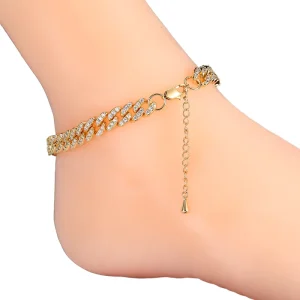 Cuban Link Foot Jewelry Fashion Diamond Anklet with Gold Plated Brass and Crystal Stylish Anklet Jewelry