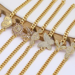 Cubic Zircon Brass 24k Gold Plated Cuban Chains and Bracelets Zirconia Jewelry Bracelet Women