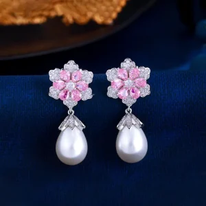 Cubic Zircon CZ Wedding Party Pink Flowers Imitation Pearl Drop Earrings for Women Valentine’s Day Jewelry Gifts