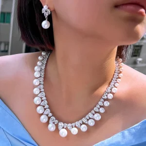 Cubic Zirconia Big Simulated Pearl Necklace and Earrings Bridal Jewelry Set for Women Wedding Engagement Accessory