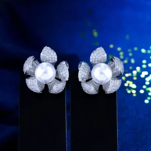 Cubic Zirconia Brass Jewelry Women White Pearl Big Stud Earrings for Ladies Party Wedding Daily Wear