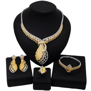 Cubic Zirconia Costume Jewelry Set Dubai Ladies Brass Necklace Bracelet Earring Ring Wedding Jewelry Set HZ201101126