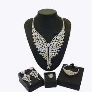 Cubic Zirconia Costume Jewelry Set Dubai Ladies Brass Necklace Bracelet Earring Ring Wedding Jewelry Sets HZ18042503