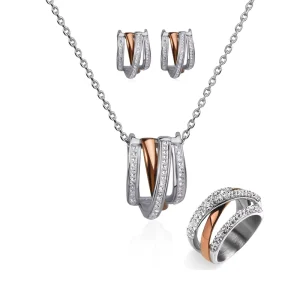 Cubic Zirconia Crisscrossed Jewellery Sets for Women Ladies Factory Fashion Stainless Steel Necklaces Rings Earrings