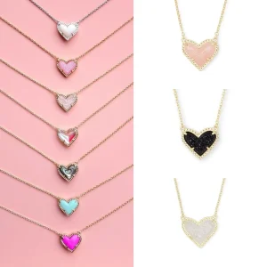 Custom 14K Gold Plated Love Heart Natural Stone Rose Quartz Crystal Pendant Brass Silver Rope Chain Necklace