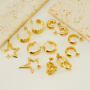 Custom 18K Gold Plated 316 Stainless Steel Assorted C Chain Paperclip Star Huggie Hoop Charm Earrings Pack for Women