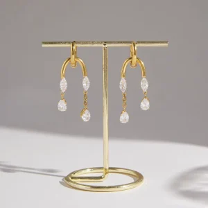Custom 18K Gold Plated Smooth U Frame Multi Zircon Chain Tassel Huggie Dangling Earrings for Women