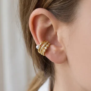 Custom 18K Gold Plated Stainless Steel Triple Layer Ear Cuff Pearl CZ Clip on Earrings Hypoallergenic Women Jewelry Gift
