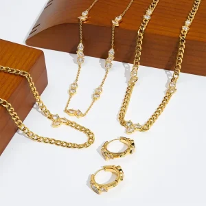 Custom 18K Gold Plated Stainless Steel Waterdrop Zircon Charms Fine Jewelry Set Earring Necklace for Women E241652