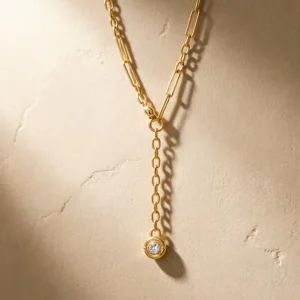 Custom 18K Gold Plated Stainless Steel Zircon Pendant Paperclip Chain Necklace Exquisite Waterproof Y Shaped