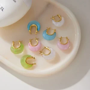 Custom 18K Gold Plated Swirl Marble Transparent Resin U Shape Huggie Earrings 316 Stainless Steel Dangling Earrings for Women
