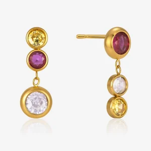 Custom 18K Gold Plated Three Tone Round Crystal Asymmetric Tier Dangle Stud 316 Stainless Steel Dangling Earrings for Women