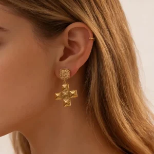 Custom 18K PVD Gold Plated Stainless Steel Jewelry Retro Cross Earrings Waterproof Women Accessories