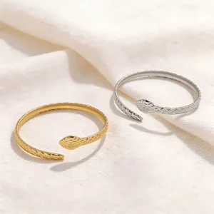 Custom 18K PVD Gold Plated Stainless Steel Snake Shaped Adjustable Cuff Bangle Waterproof Anti Tarnish Jewelry for Women Men