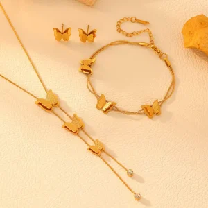 Custom 18K Women’s Fashion Jewelry Set 316 Stainless Steel Butterfly Snake Tassel Necklace Bracelet Earrings Jewelry Factory